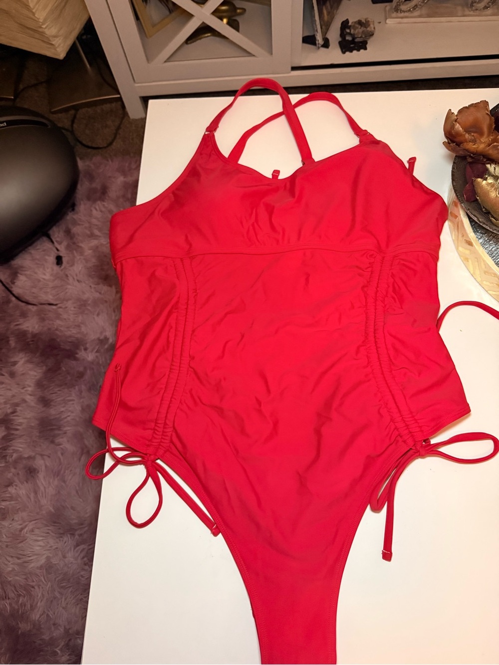 Red One-Piece Swimsuit with Adjustable Ties